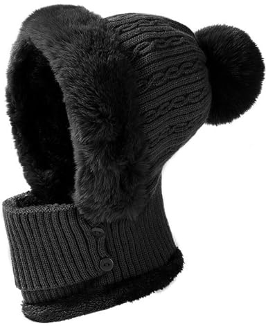 JFAN Bonnet d'hiver Chaud Tricoté Chapeau Femme Hiver Pompon Bonnet d'hiver pour Femme avec Doublure Polaire Sports De Plein Air Noir