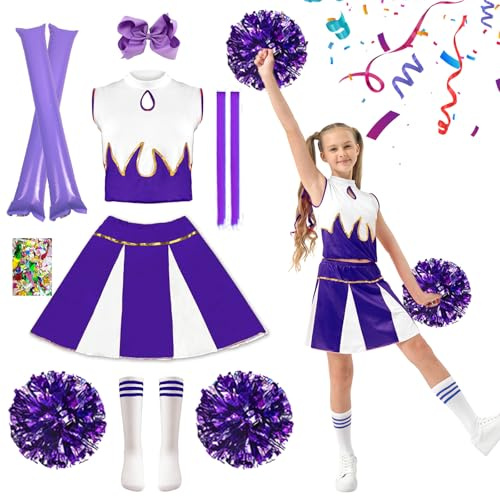 Bambini Cheerleading Outfit, Costume da Cheerleader Ragazze, Uniforme Cheerleader Bambina, Vestito Cheerleader Bambina con Pompon, Calzini, Accessori e Capelli per Carnevali, Scuola Festa (Viola, 120)