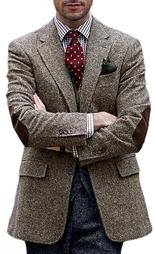 VENNYNG Mens Suit Jacket Two Buttons Vintage Short Trench Coat Blazer with Brown Elbow Patches