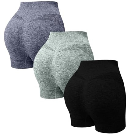 YCBMINGCAN Pack de 3 pantalones cortos de deporte para mujer, pantalones cortos de deporte para mujer, pantalones cortos de verano, sin costuras, entrenamiento, scrunch, botines de cintura alta