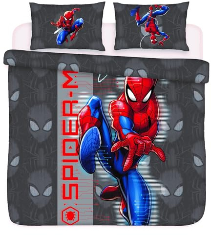 Spiderman Double Bedding Duvet Cover Set Grey - Reversible Polycotton Boys Bed Set with Iconic Superhero Design - Soft & Durable (Double)