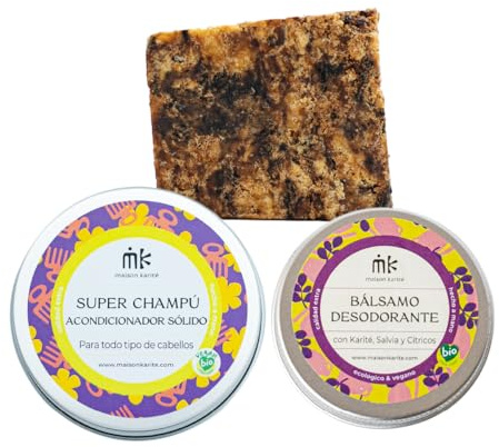 Maison Karité - Pack Zero Waste Capilar y Corporal | Desodorante Natural + Jabón Negro + Champú Sólido 2en1 | Cosmética Sólida Ecológica | Cuidado Vegano y Residuo Cero (3 productos, Pack ZeroWaste)