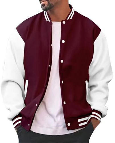 Generisch Vestes avec col pour homme décontracté, coupe ajustée, coton, letterman, baseball, bomber, veste universitaire urb An classique fourrure homme noir