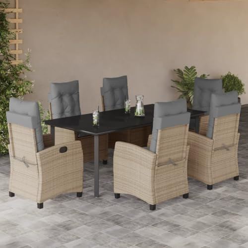 JHQHSM 7-TLG. Gruppo da giardino con cuscino misto polyrattan, seduta in rattan sintetico con schienale regolabile e piano in vetro per terrazza, mobili da esterno durevoli