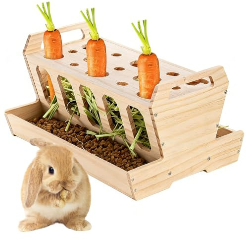 Stor höhövlek av naturligt trä för kaniner och gnagare, stabil matskena med morotshållare, 30 x 21 x 18 cm tillbehör för kaninhare hamster möss råttor