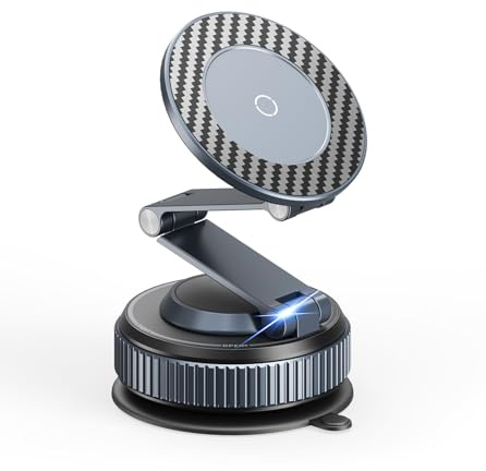 Gahenwo Vakuum Magnetisk Telefonhållare Bil för Smartphone, Hem/Kontor | Mobilhållare med 360° Roterbar Bas och 2 Fällbara Armar, Sugpropp med Avtagbar Självhäftande Dyna, 2 Magnetringar