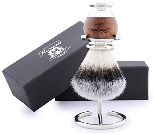 Haryali London Brocha de afeitar, juego de brochas de afeitar sostenible, brocha de afeitar de madera y acero inoxidable, brocha de afeitar sintética, soporte de acero inoxidable