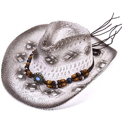 Sombrero de Vaquero de Paja Unisex, Sombrero de Vaquero Hueco, Sombrero de Sol de ala Ancha, Sombrero de Paja Estilo Vaquero Occidental con Banda de Cuentas,