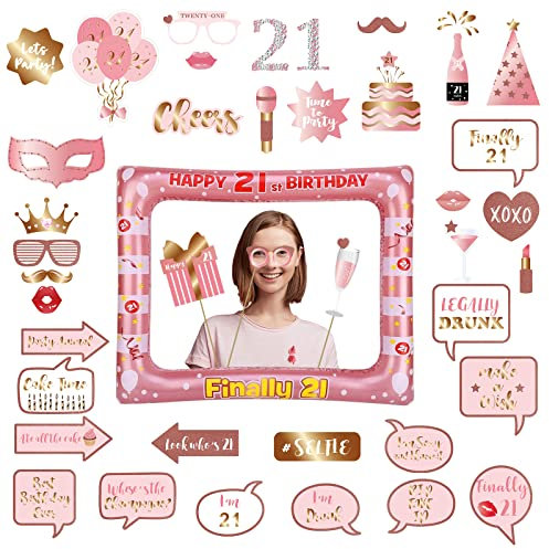 21st Birthday Decorations Girls Boys,Rose Gold Inflatable Selfie Frame&38Pcs 21st Birthday Photo Booth Props,Giant Inflatable Party Photo Booth Frame for Girls Ladies 21stBirthday Party Decorations