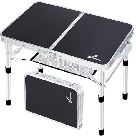 Sportneer Tavolo da Campeggio Pieghevole e Portatile, Regolabile in Altezza, 60×40 cm, con Ripiano in Rete, 2 Altezze, Tavolino da Esterno per Campeggio, Picnic, Spiaggia, Cortile, Nero