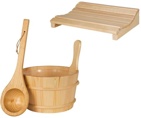 SUNNYDEALS klassisches Saunazubehörset | Saunaset 4-teilig aus naturbelassenem Holz | Saunaeimer & Kunststoffeinsatz 4l | Saunakelle | ergonomische Sauna Kopfstütze