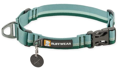 RUFFWEAR Web Reaction Hundehalsband, verstellbares Martingal-Halsband mit Aluminium-V-Ring und seitlicher Öffnung, bequemer Stoff, reflektierendes mit Schlauchlock-Gurtband River Rock Green 14-17