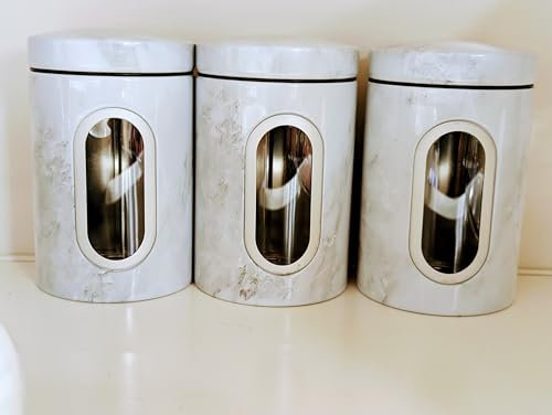 WiseAccordio Set of 3 Marble Effect Canisters - White, Air Tight Lids for Tea, Coffee, Sugar - Kitchen Storage Jars