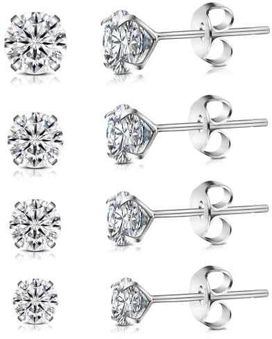 Zuimei 4 Pairs Silver Stud Earrings for Women, Sterling Silver Stud Earrings Cartilage Earring Hypoallergenic Cubic Zirconia Sleeper Earring Jewelry Gifts 3/4/5/6mm