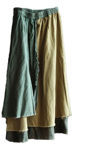 NFYM Dam vardaglig elastisk midja linne lappverk A-linje sliten rå fåll hippie lång oregelbunden linnekjol, gröngul, one size