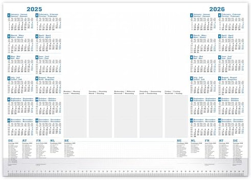 PRIMUS PRINT Schreibtischunterlage Papier DIN A2-2025 & 2026 Jahreskalender - 80g Dickes Naturpapier - Stabiler Papprücken - 25 Blatt - mit Schutzleiste - Büro und Homeoffice [1er Set]