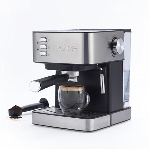 Petra Manuelle Espressomaschine mit Milchaufschäumer – Kompatibel mit gemahlenem Kaffee, 15-Bar italienische Druckpumpe, 1.6L abnehmbarer Wassertank, inklusive Messlöffel & Siebträger, 850W, PT6137VDE