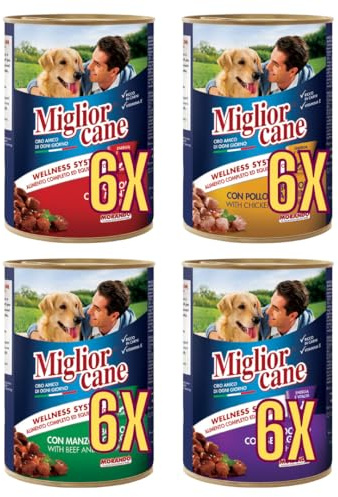 Miglior Cane Umido. 24 scatolette da 405gr cibo umido per cani Miglior Cane (Gusto, 4 gusti Ass.)