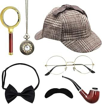 UOCAI 7 Pcs Detektiv Kostüm Zubehör Set, Sherlock Holmes Kostüm Accessoires mit Detektiv Hut Brille Falscher Schnurrbart Lupe Fliege, Detektiv Cosplay Requisiten für Fasching Karneval Cosplay Party