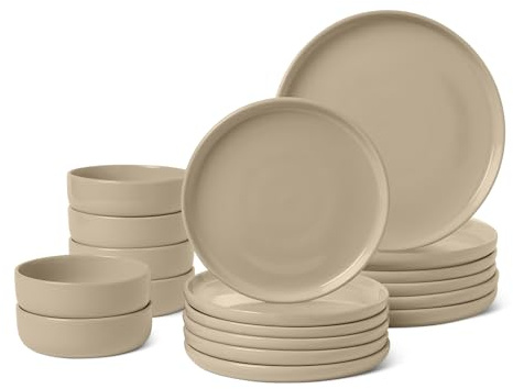 Amazon Basics Vajilla de Gres Esmaltado, Juego de 18 Piezas, 6 Servicios Completos, Apta para Lavavajillas, Gris Lino