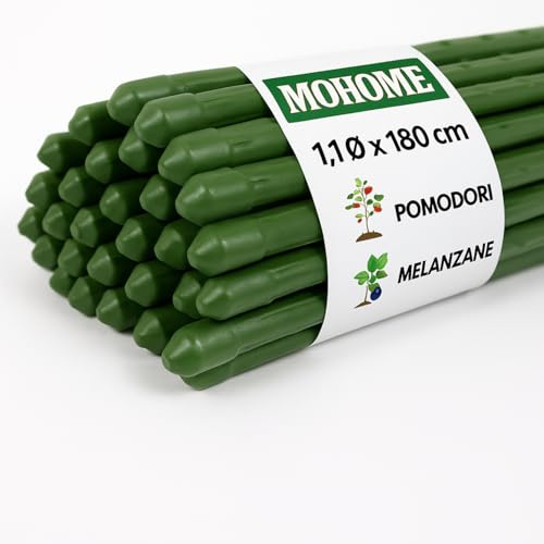 MOHOME Bastoncini Supporto Piante Rampicanti Set 25 Cannette Acciaio Plastificato Bastone 1,1 Ø x 180 cm Tutore Verde Giardino Orto Pomodori Melenzane