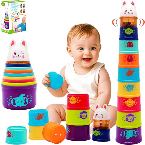 Wanonoo Stapelbecher Spielzeug | Stapelturm ab 1 Jahr mit 9 bunten Bechern | Montessori Lernspielzeug aus Kunststoff für Baby & Kleinkind | BPA-frei | Geschenk Jungen & Mädchen 6–12–18 Monate