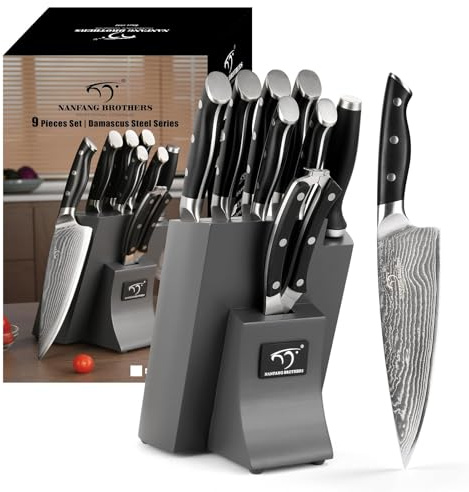 NANFANG BROTHERS Grey Damascus Knife Set with Block - Professional 9-Piece Japanese Chef Knives, VG10 Steel Core 67-Layer Damascus (Wood Stand Included)