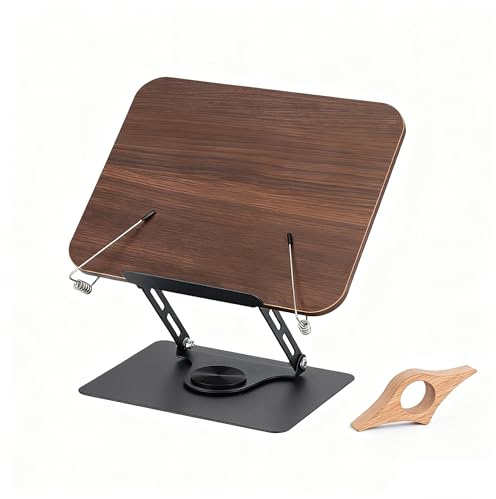 Leggio Girevole 360° Regolabile in Altezza | Supporto Libro e Tablet con Base in Metallo Stabile e Angoli Multiregolabili | Anello Fermapagina in Faggio | Per Lettura, Studio e Ricette