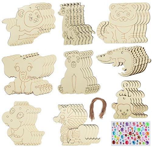 BITEFU Lot de 45 animaux en bois à peindre avec trou, pendentif en bois pour anniversaire d'enfant, travaux manuels pour filles, garçons, travaux manuels, décoration en bois