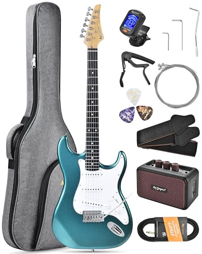 Leo Jaymz Beginner Electric Guitar Complete Kit with Portable Amp, Padded Gig Bag & Full Accessories, Maple Neck SSS Pickups(Teal)