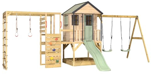 Wendi Toys caseta Infantil de Madera FSC para jardín con tobogán, Doble Columpio y Zona de Escalada, Parque Infantil Exterior con Pared de Escalada, Red, 342×563×242 cm, Verde Pastel – M60PGN-G