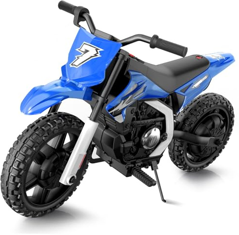MINIATURE MOTORS 24V Kids Electric Dirt Bike Variable Speeds Up to 7.5mph, 350W Ride on Motorcycle Bluetooth Music Horn Twist Grip Throttle Brake Pedal Shock Absorber Eva Tires Off-Road Vehicle- Blue