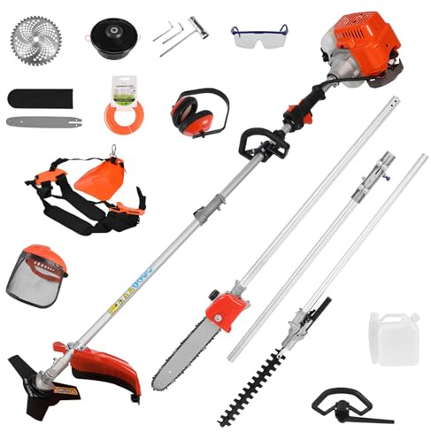 Tagliabordi a benzina 5 in 1 da 52 cc, multi attrezzo da giardino, decespugliatore a 2 tempi, tagliasiepi a lunga portata, potatore a catena con asta di prolunga e lama 3T (arancione)