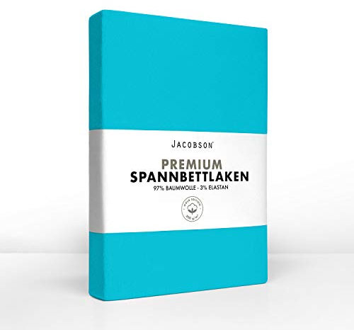 Jacobson Jersey Spannbettlaken Spannbetttuch Baumwolle Bettlaken (Premium 200x220 cm, Türkis)