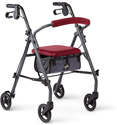 Medline Rollator Walker with Seat and Wheels, Durable Steel Frame Supports up to 300 lbs, 6 inch Wheels, Red