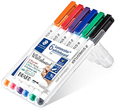 STAEDTLER Whiteboard Marker Set Lumocolor – Rückstandsfrei abwischbare Stifte für Whiteboards – Geruchsarme, schnelltrocknende Whiteboard-Stifte – Marker mit 1 mm Strichstärke in 6 Farben
