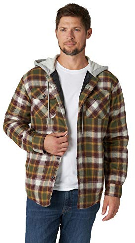 Wrangler Authentics Long Sleeve Quilted Lined Flannel Shirt Jacket with Hood Chemise boutonnée, Vert Olive, L Homme