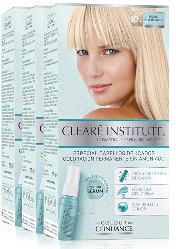 Clearé Institute | Colour Clinuance | Coloración Capilar Permanente Sin Amoniaco | Tinte de Pelo 100% Cobertura de Canas, Incluye Sérum Capilar | Método Curly |10.1 Rubio Champagne | Pack de 3