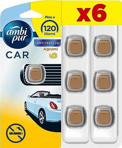 Ambi Pur Profumatore Auto, 6 Deodoranti Auto, Fragranza Anti -Tabacco, Elimina Odori, Facile da Agganciare, Fino a 30 Giorni di Profumo per Deodorante, Usa e Getta