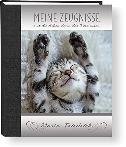 Zeugnismappe personalisiert Relax Cat A4 ca. 31x24 cm, grau, Zeugnisbuch Katze, Urkundenmappe Einschulung, Schulanfang