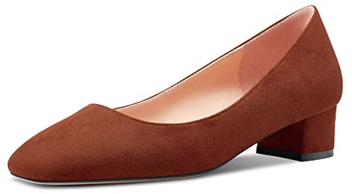 HEUIVZAR Femmes Talon Heel Escarpins Carré Bout Kitten Bas Chunky Bloc Talon Heel Slip-on Suède Dress Chaussures Mariée Vacances Marron Foncé 3.5 CM 37 EU