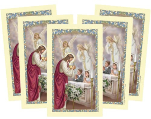 Needzo First Communion Holy Cards, Inspirational Prayer on Back, Sunday School Party Favors & Catholic Gifts, 4.5 by 2.5 Inches, (5 Pack)