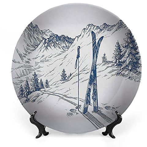 LIGUTARS Decorative Plates, Winter Print Ornament, Sketchy Graphic of Downhill with Ski Elements in Snow, 10 Inch, 1 Plate with 1 Display Stand, Blue White