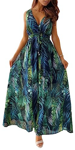 SEEKWISH Vestidos de Verano Playa Mujer Largos Florales Escote en V sin Mangas, Verde, XL