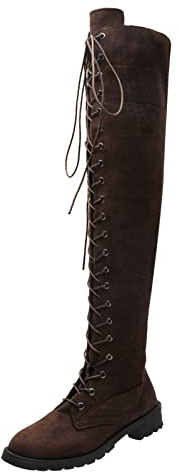 Knee High Heels Round Colour Over High Toe Shoes The Women Solid Fashion Lace-Up Boots Women's Boots Women's Size 39, coffee, 9 UK