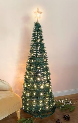 Spetebo Pop Up spiral julgran 150 cm med 120 lysdioder och stjärnspets – grön – konstgjord gran varm vit upplyst för utomhus- och inomhusbruk – juldekoration, trädgårdsbelysning med kontakt