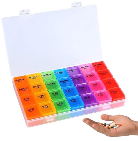 Eastrise Pill Organiser 7 Day 4 Times A Day,High Capacity Weekly Pill Box | With 28 Copartments to Hold Plenty of Medication,Vitamins and Supplements (1 Pcs)