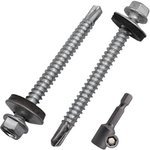 SKIR'CO (100 st) Förzinkade takskruvar 5,5 x 60 mm, sexkantshuvud, DIN 7504-K Självborrande skruvar med EPDM tätningsbrickor
