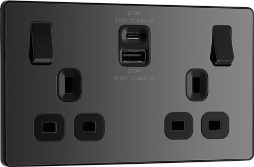 BG Electrical 22W Double Switched Power Wall Plug Socket with Fast Charge Type A and Type C USB Charging Ports, Evolve, Black Chrome, 13A, PCDBC22UAC22B
