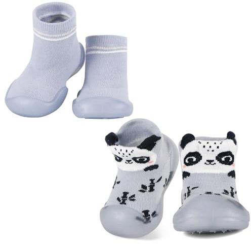 MK MATT KEELY Pack de 2 Zapatos Bebé Primeros Pasos Calcetines con Suela de Goma Niño Niña Zapatillas Antideslizantes Bebé,Azul+Panda,6-12 Meses